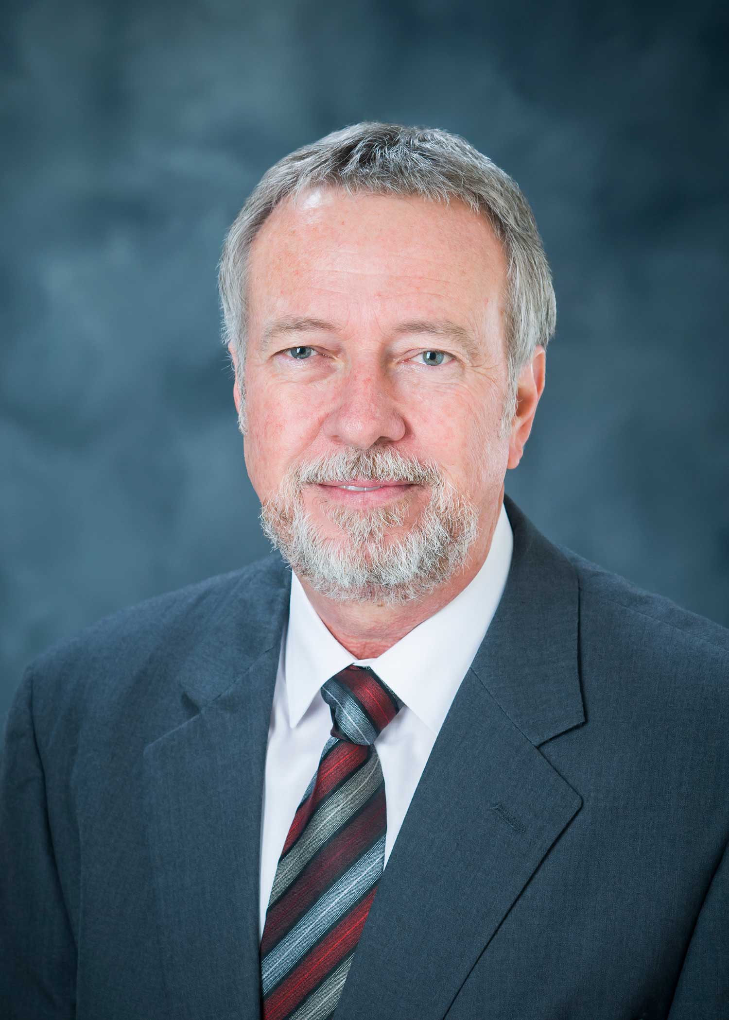 Professional photo of Darrel Schmitz, wearing a gray suit and striped tie against a blue background