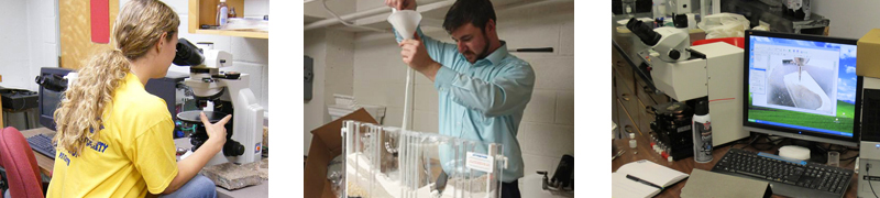 Facilities and equipment in the geochemistry laboratory; left: Dr. Athena Owen-Nagel works on her research; center: Ph.D. candidate, Jeremy Weremeichik, assembles the groundwater model; right: new wave micromilling system.
