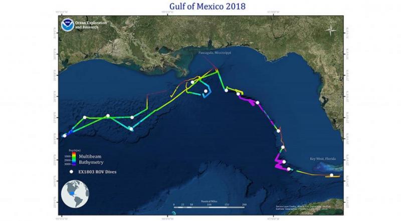 Overview map showing seafloor bathymetry and ROV dives completed during the Gulf of Mexico 2018 expedition (image courtesy of th